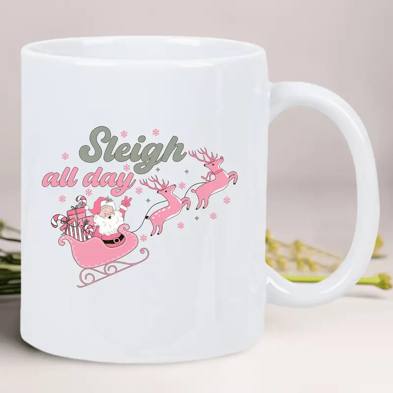 Festive Santa Sleigh & Reindeer Ceramic Coffee Mug - Insulated, Reusable White Mug with "Sleigh All Day" Design, Perfect for Holiday Gifting