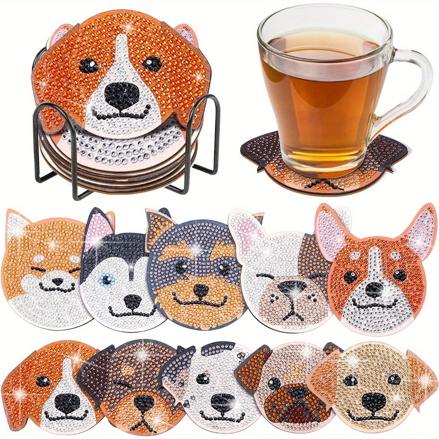 10 Pieces Dog Shaped Diamond Painting Coaster Set DIY Pet Dog with Stand, Art Craft Supplies Gift for Beginners and Adults