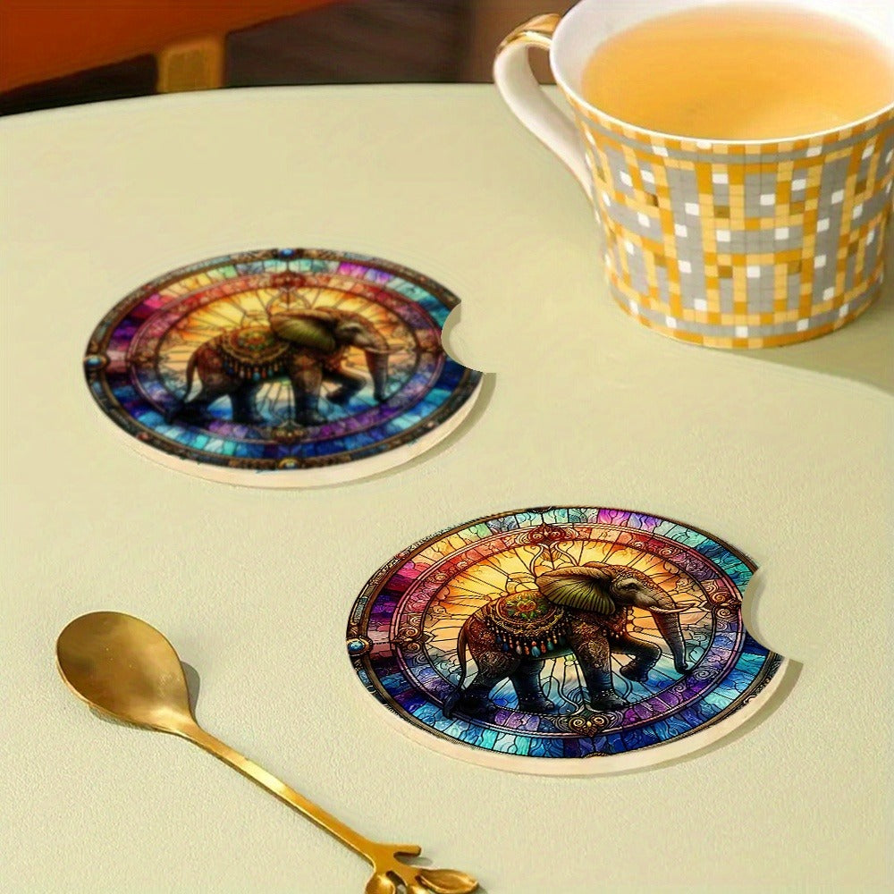 2pcs Stained Glass Style Marching Elephant Acrylic Car Coasters, Cup Holder with Finger Groove Mouth, 2.75 Inch Car Interior Coasters, Suitable for Car Interior Accessories, Gifts for Friends