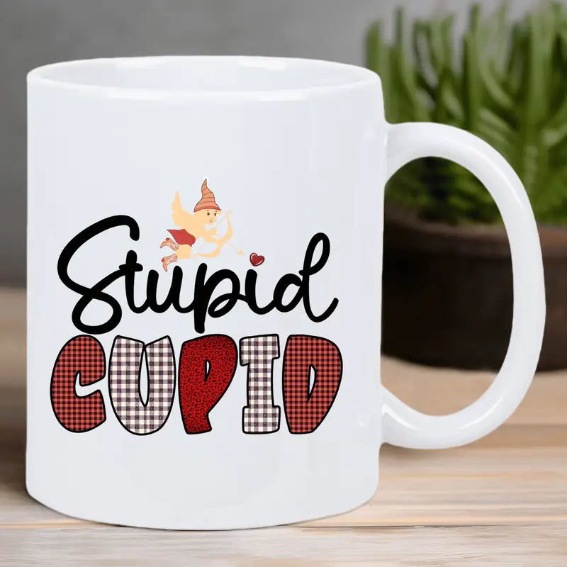 Stupid Cupid Ceramic Coffee Mug – Reusable, Hand-Wash Only, White with Red & Black Gnome Design