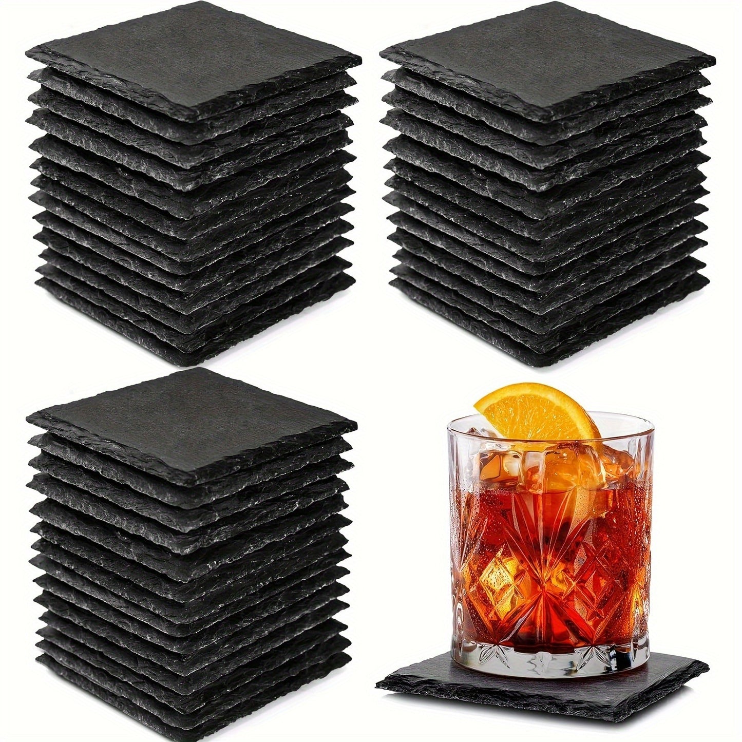 48 Square Slate Coasters Or 96 Square Slate Beverage Coasters, 4.02 inch, Black Slate Coasters, Scratch Resistant Bottom, For Drinks, Bars, Kitchens, Home Décor