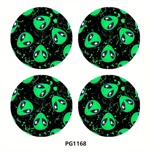 4PCS Alien Car Coaster, 2.75in Round PU Leather Trim Car Coaster, Home & Car Water Coaster, Drink Mat Male & Female Car Interior Accessories, Decorative Coaster