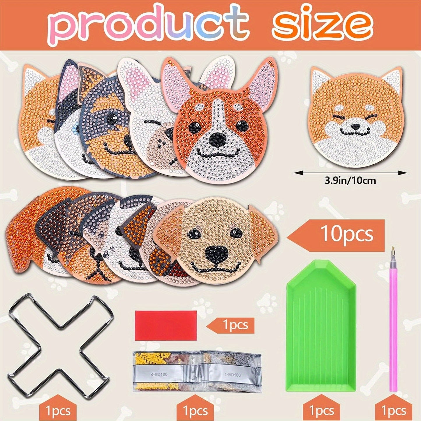 10 Pieces Dog Shaped Diamond Painting Coaster Set DIY Pet Dog with Stand, Art Craft Supplies Gift for Beginners and Adults