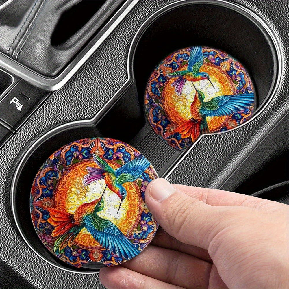 2pcs Acrylic Car Coasters with Finger Groove, Hummingbird Design, 2.75" Durable PMMA Car Cup Holder Coasters, Interior Accessories, Gift for Friends