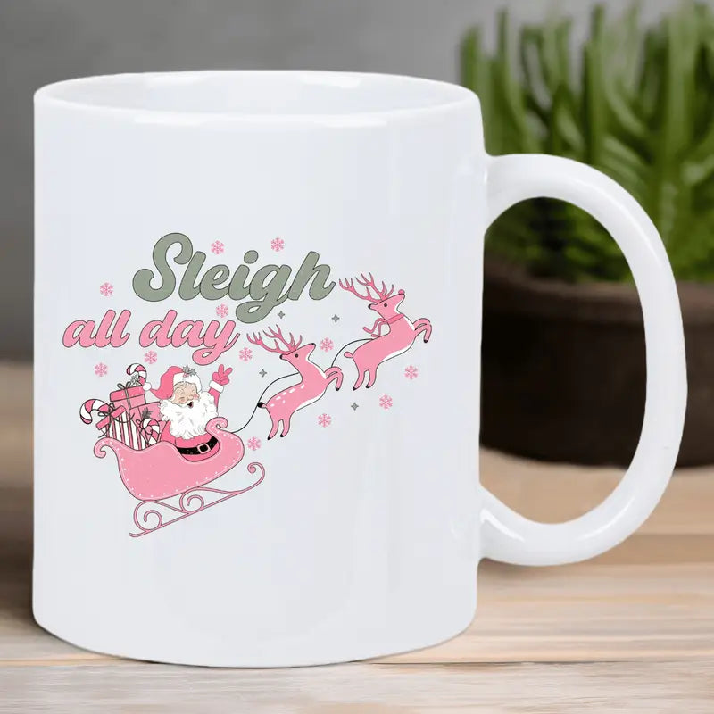 Festive Santa Sleigh & Reindeer Ceramic Coffee Mug - Insulated, Reusable White Mug with "Sleigh All Day" Design, Perfect for Holiday Gifting