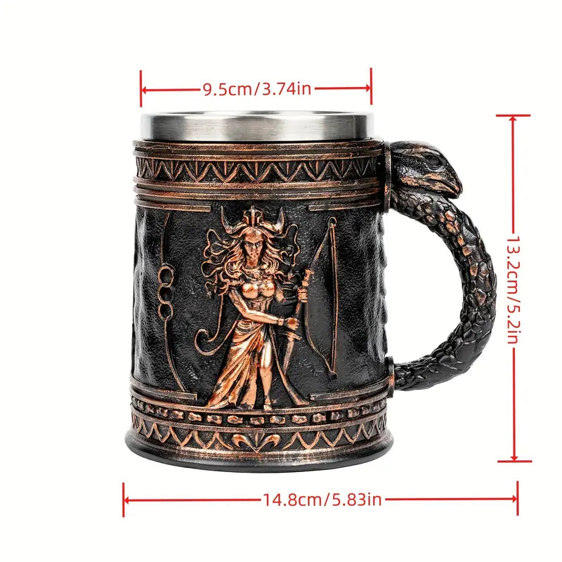 Medusa Greek Mythology Stainless Steel Beer Mug with Resin Accents - Insulated Non-Slip Oval Cup for Coffee, Beer & Wine - Reusable Gift for Halloween, Christmas, Father’s Day, Mother’s Day, Festive Drinkware
