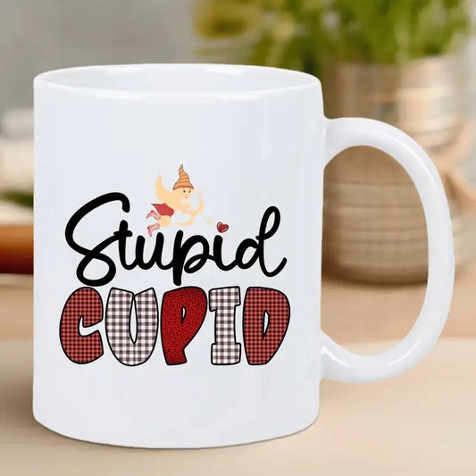 Stupid Cupid Ceramic Coffee Mug – Reusable, Hand-Wash Only, White with Red & Black Gnome Design