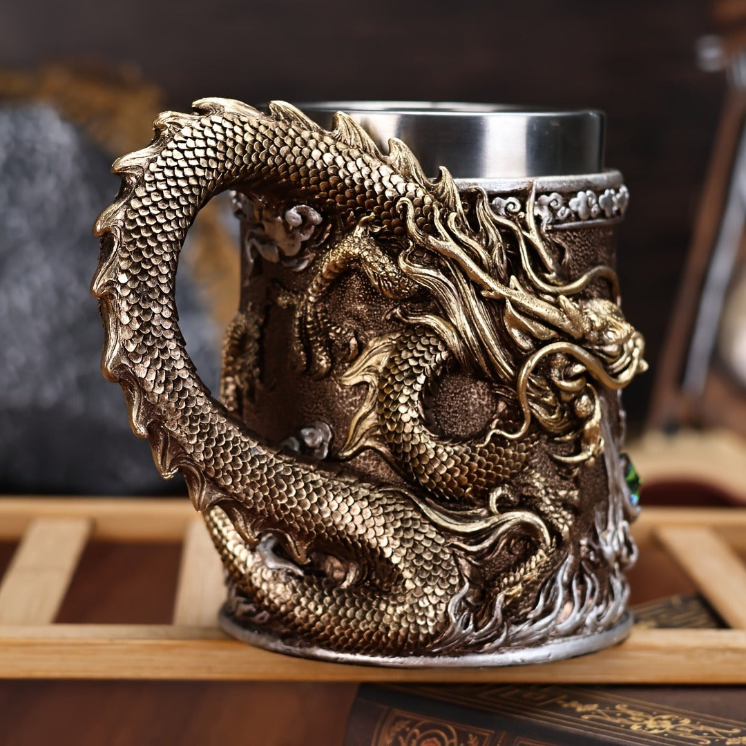 Stainless Steel Dragon Beer Mug - Large Capacity, Insulated Coffee Cup with Unique Oriental Dragon Design - Perfect for Cold Drinks, Ideal Christmas Gift