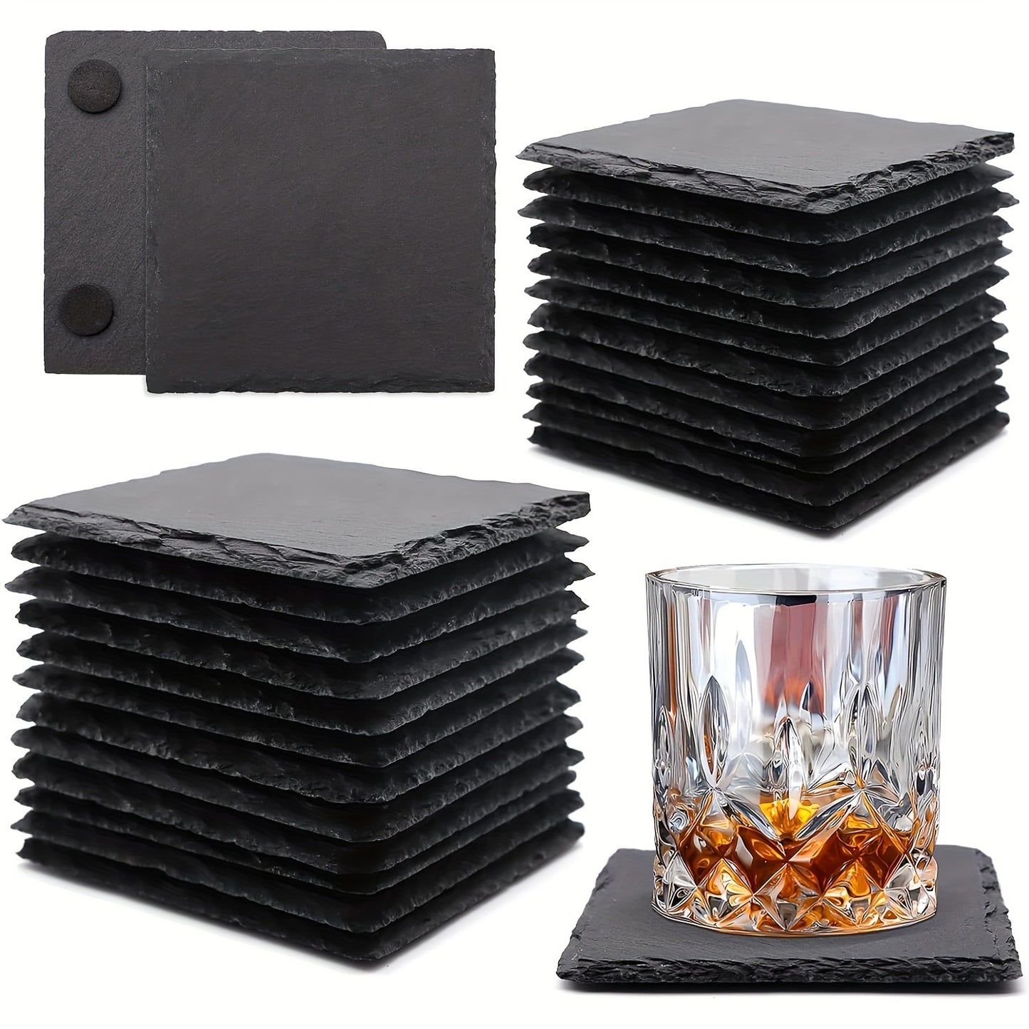 48 Square Slate Coasters Or 96 Square Slate Beverage Coasters, 4.02 inch, Black Slate Coasters, Scratch Resistant Bottom, For Drinks, Bars, Kitchens, Home Décor