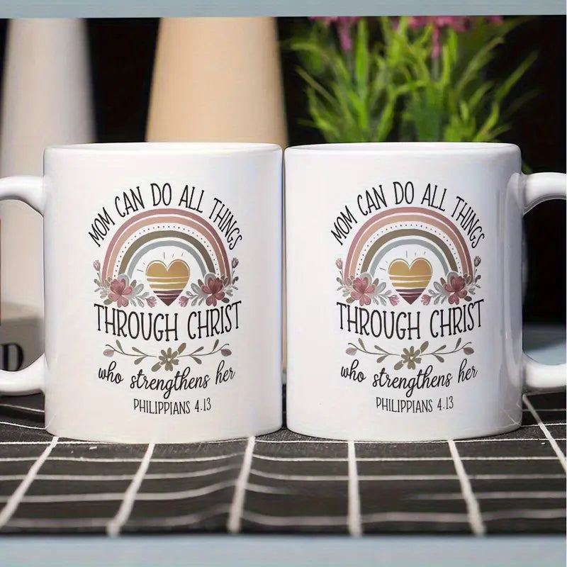 1pc 11oz Ceramic Coffee Mug - "Mom Can Do All Things Through Christ" Bible Verse (Philippians 4:13) with Rainbow & Floral Design, Insulated Reusable Cup, Dishwasher Safe - Inspirational Gift for Christian Moms, Wives, Grandmas