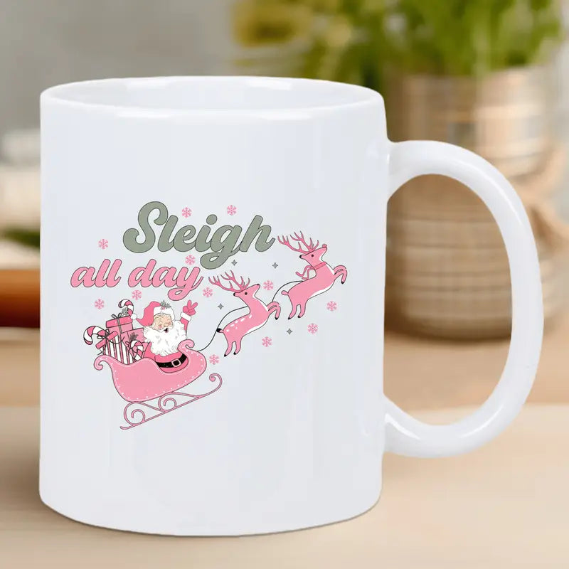 Festive Santa Sleigh & Reindeer Ceramic Coffee Mug - Insulated, Reusable White Mug with "Sleigh All Day" Design, Perfect for Holiday Gifting