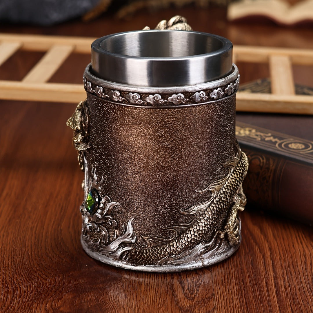 Stainless Steel Dragon Beer Mug - Large Capacity, Insulated Coffee Cup with Unique Oriental Dragon Design - Perfect for Cold Drinks, Ideal Christmas Gift