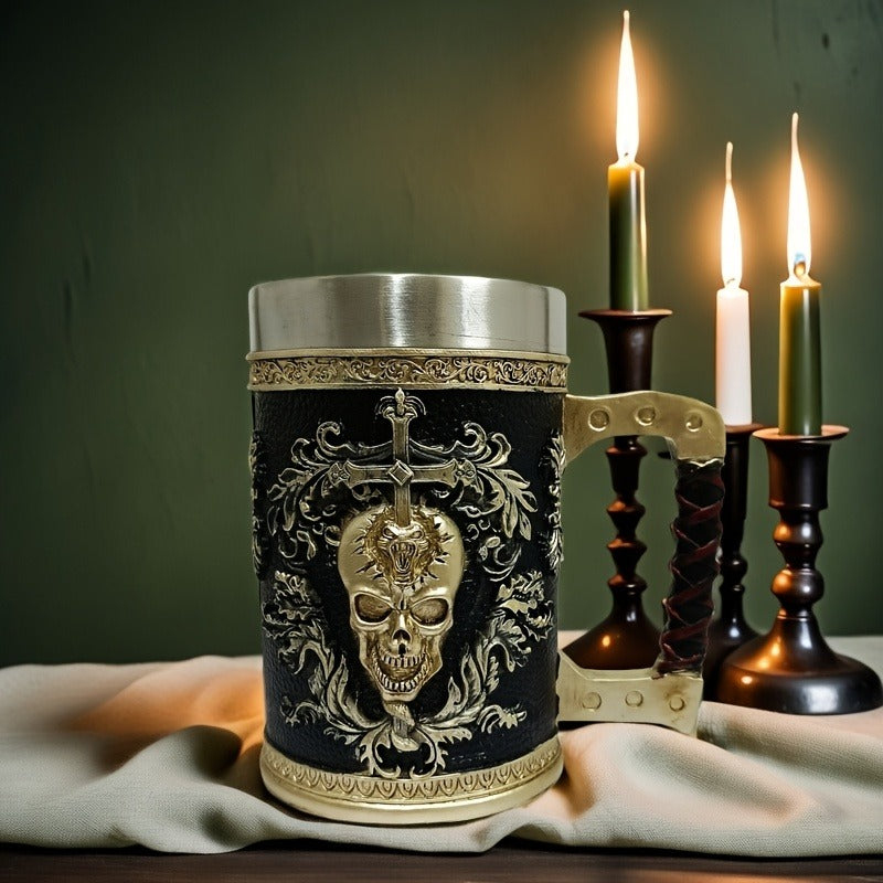 1pc Gothic Skull Coffee Mug, 20.3oz Stainless Steel Insulated Cup, Reusable Punk Skull Style Beer Mug, Multipurpose Cold Beverage Glass, Ideal for Christmas, Halloween, Easter, Hanukkah, Thanksgiving - Hand Wash Only