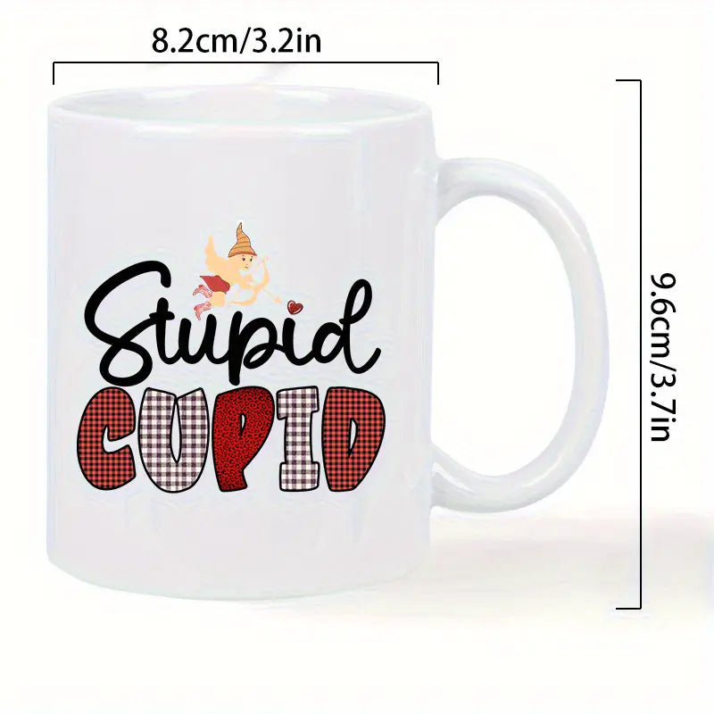 Stupid Cupid Ceramic Coffee Mug – Reusable, Hand-Wash Only, White with Red & Black Gnome Design