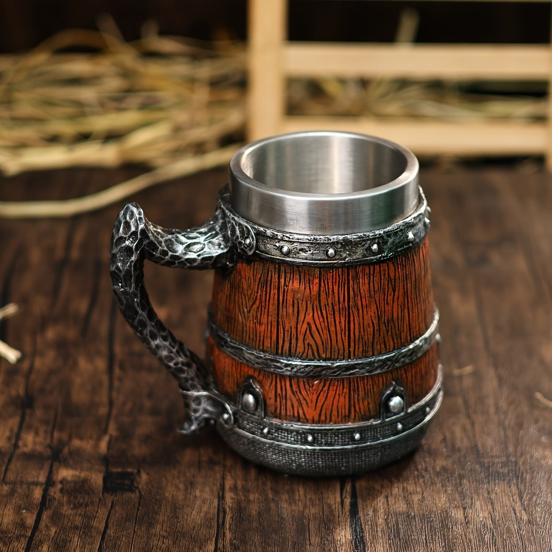 Handmade Barrel Design Beer Mug 20.29oz - Stainless Steel Insulated Coffee Mug - Striped Pattern & Snake Handle, Hand Wash Only - Reusable, Ideal for Family, Adult - Great for Christmas, Halloween, Easter, Thanksgiving, Father's Day Gifts