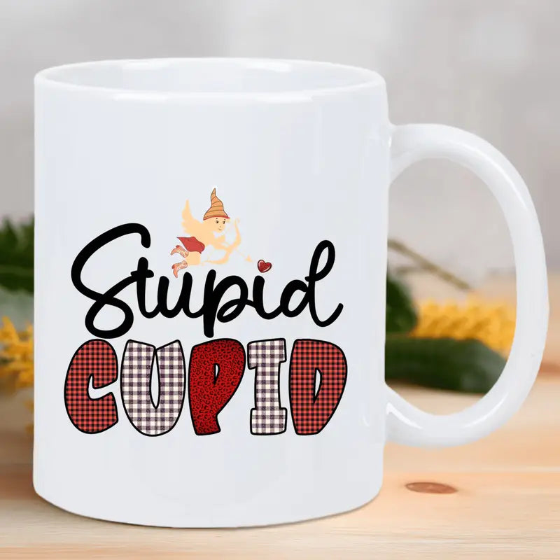 Stupid Cupid Ceramic Coffee Mug – Reusable, Hand-Wash Only, White with Red & Black Gnome Design
