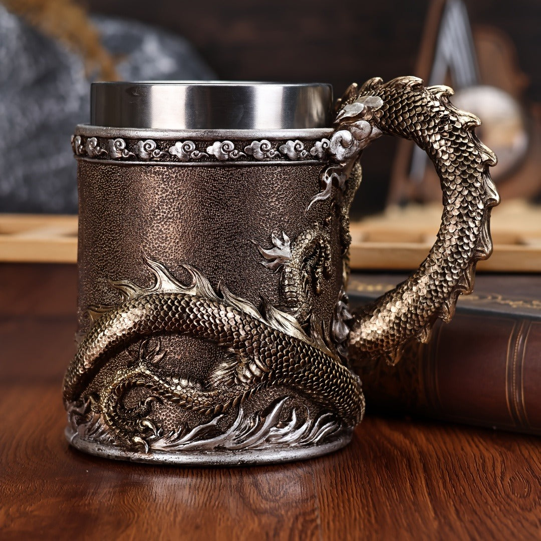 Stainless Steel Dragon Beer Mug - Large Capacity, Insulated Coffee Cup with Unique Oriental Dragon Design - Perfect for Cold Drinks, Ideal Christmas Gift