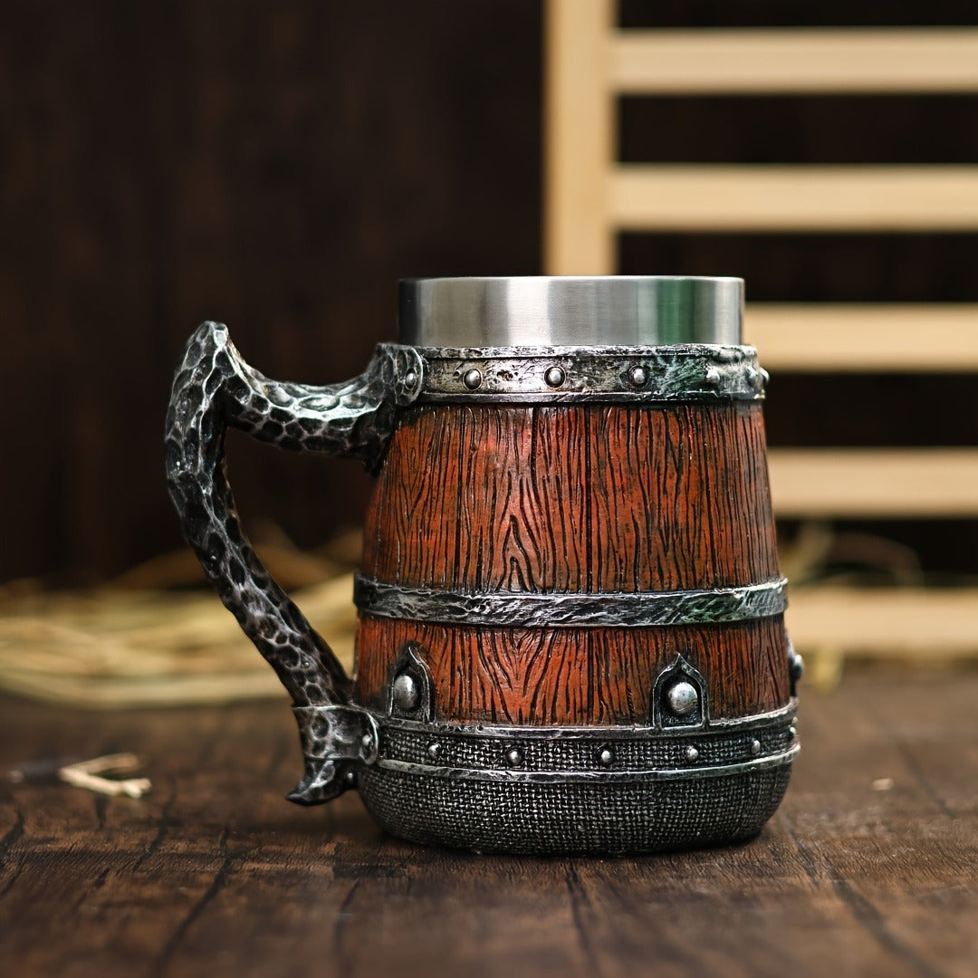 Handmade Barrel Design Beer Mug 20.29oz - Stainless Steel Insulated Coffee Mug - Striped Pattern & Snake Handle, Hand Wash Only - Reusable, Ideal for Family, Adult - Great for Christmas, Halloween, Easter, Thanksgiving, Father's Day Gifts