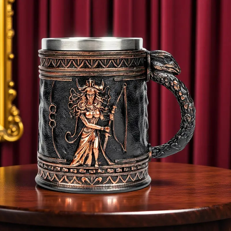 Medusa Greek Mythology Stainless Steel Beer Mug with Resin Accents - Insulated Non-Slip Oval Cup for Coffee, Beer & Wine - Reusable Gift for Halloween, Christmas, Father’s Day, Mother’s Day, Festive Drinkware