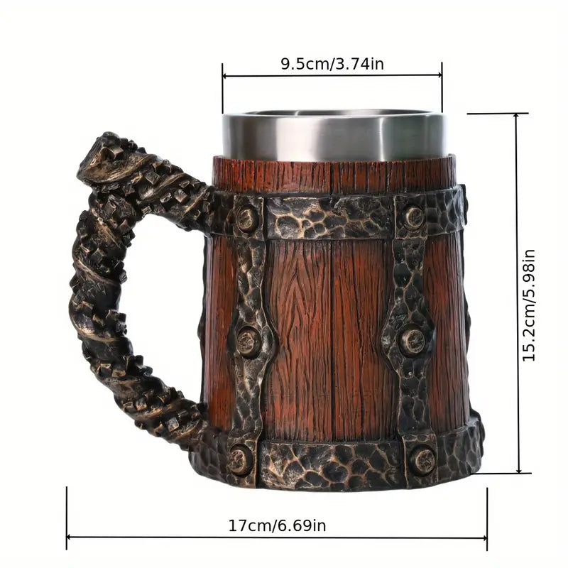 Vintage 600ml Large Capacity Barrel Stainless Steel Coffee Mug, Handcrafted Wood-Like Finish with Striped Pattern, Insulated, Reusable Metal Beer Stein for Home Use, Ideal for Christmas, Halloween, Easter, Thanksgiving, Father's Day Gifts