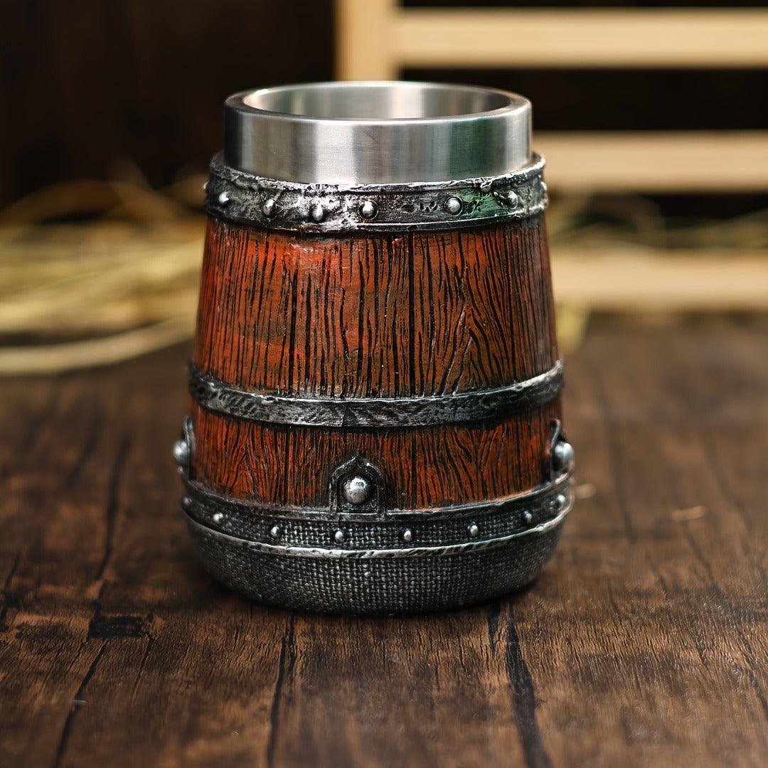 Handmade Barrel Design Beer Mug 20.29oz - Stainless Steel Insulated Coffee Mug - Striped Pattern & Snake Handle, Hand Wash Only - Reusable, Ideal for Family, Adult - Great for Christmas, Halloween, Easter, Thanksgiving, Father's Day Gifts