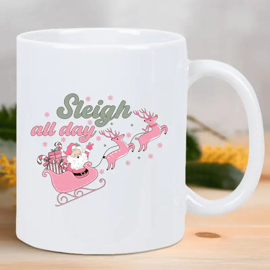 Festive Santa Sleigh & Reindeer Ceramic Coffee Mug - Insulated, Reusable White Mug with "Sleigh All Day" Design, Perfect for Holiday Gifting