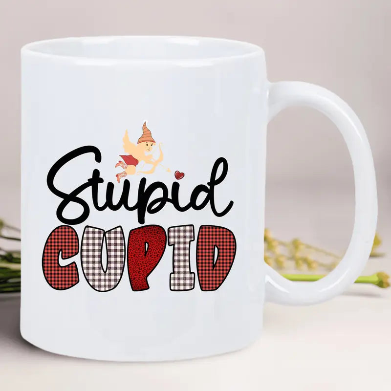 Stupid Cupid Ceramic Coffee Mug – Reusable, Hand-Wash Only, White with Red & Black Gnome Design
