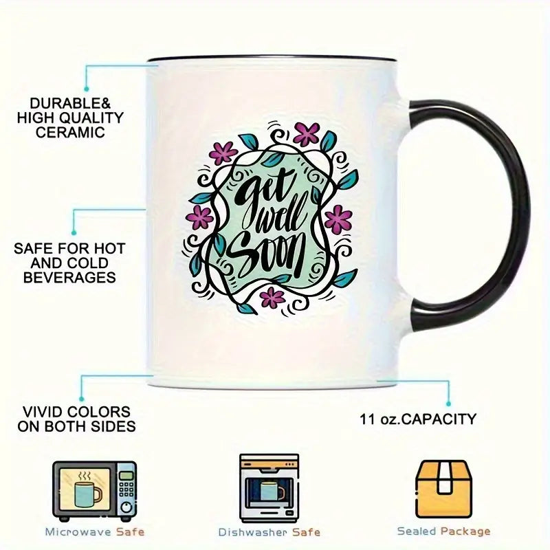 1pc 11oz Ceramic Coffee Mug Get Well Soon 11oz Ceramic Coffee Mug Hand Lettered Design with Floral Accents Dishwasher Safe High Quality