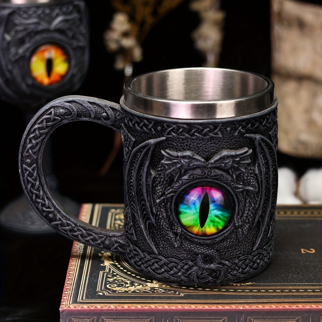 Fantasy Dragon Eye Stainless Steel Mug - Insulated, Hand-Wash Only, Gothic Style Coffee Cup with Ornate Handle & Celtic Design - Ideal for Home Decor & Halloween Gifts, Gift Mug|Decorative Coffee Mug|Durable Drinkware, Coffee Bar Accessories