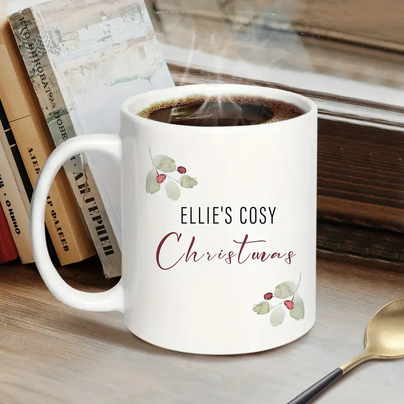1pc Ellie's Cozy Christmas Ceramic Mug 11oz - Customized Festive Holly & Berry Design, BPA-Free Insulated Coffee Cup