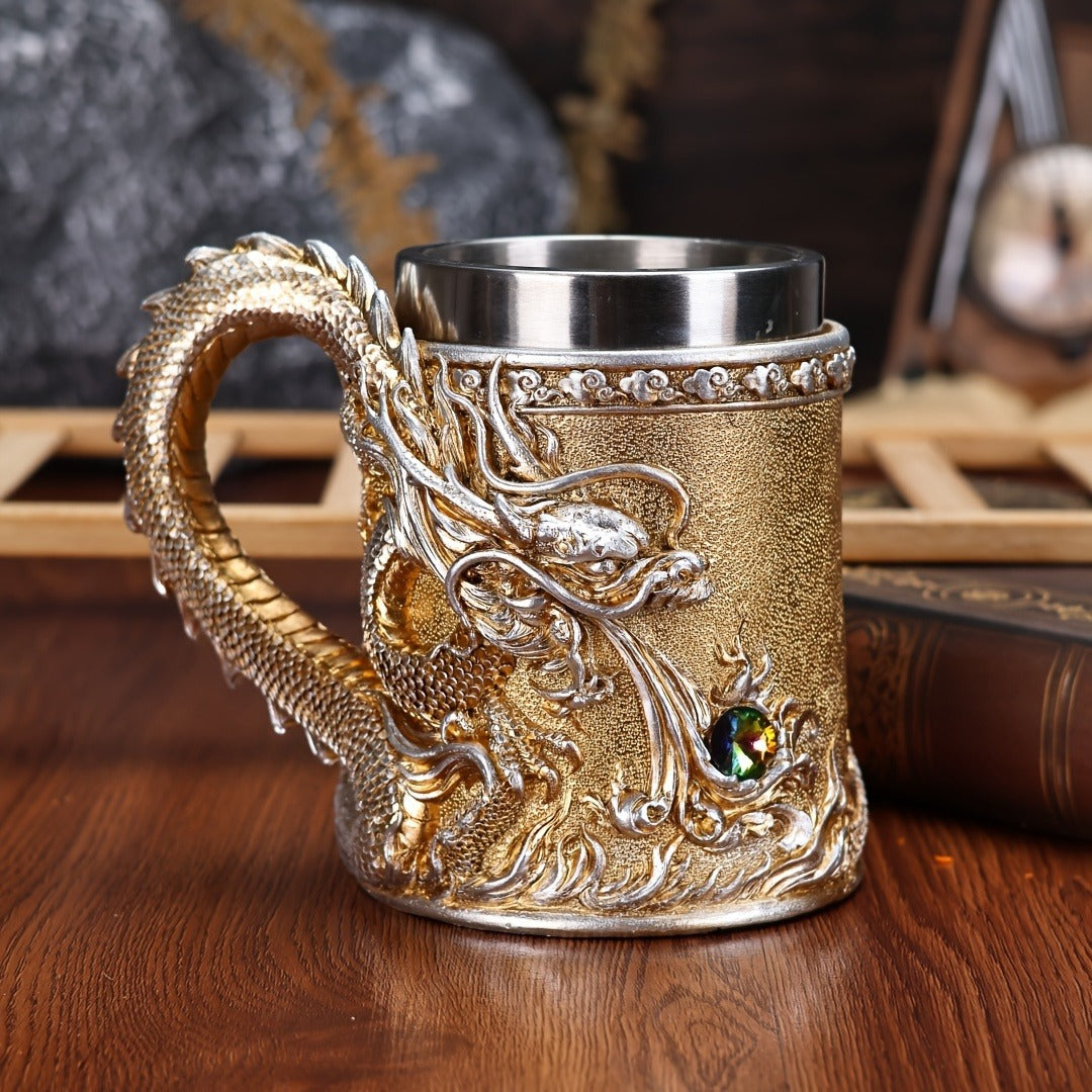 Stainless Steel Dragon Beer Mug - Large Capacity, Insulated Coffee Cup with Unique Oriental Dragon Design - Perfect for Cold Drinks, Ideal Christmas Gift