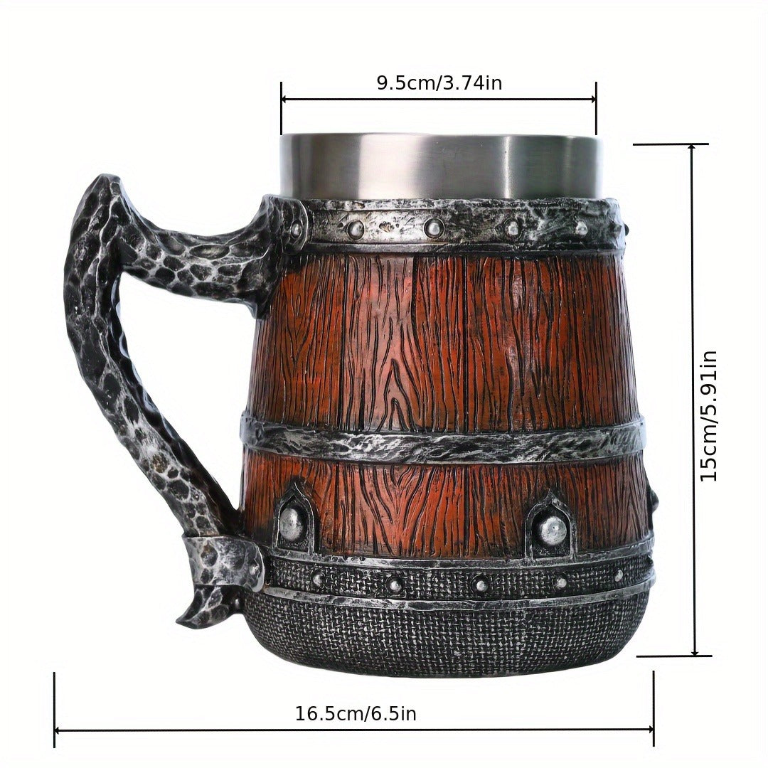 Handmade Barrel Design Beer Mug 20.29oz - Stainless Steel Insulated Coffee Mug - Striped Pattern & Snake Handle, Hand Wash Only - Reusable, Ideal for Family, Adult - Great for Christmas, Halloween, Easter, Thanksgiving, Father's Day Gifts
