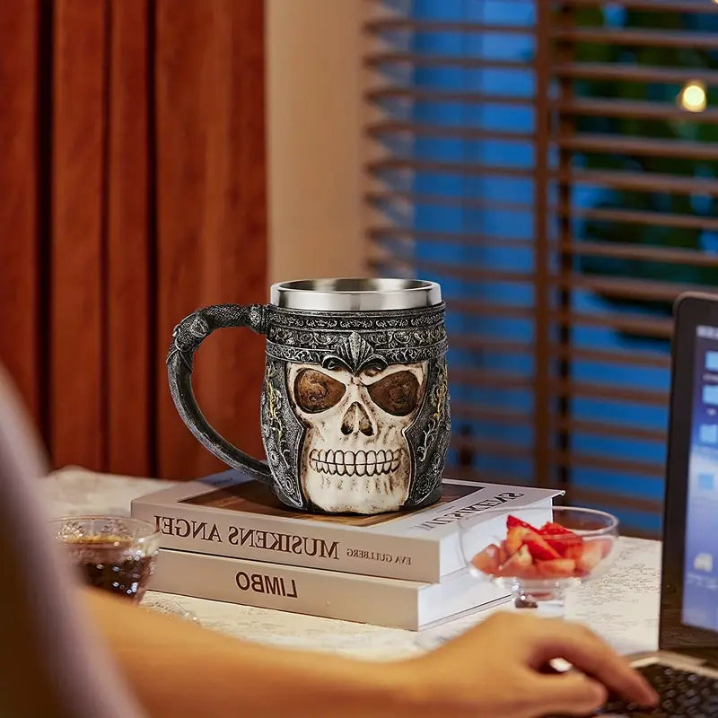 1pc Coffee Mug, Stainless Steel Viking Warrior Skull Beer Mugs Resin Stein Tankard Drink Cup, Gift For Men Birthday, Skull Lover, Halloween & Bar Decor