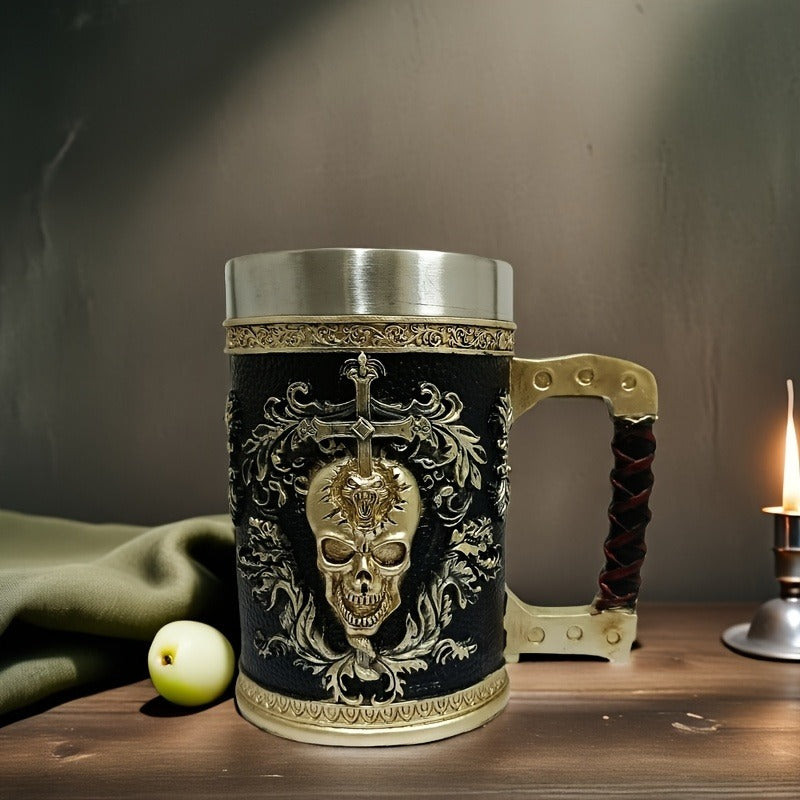 1pc Gothic Skull Coffee Mug, 20.3oz Stainless Steel Insulated Cup, Reusable Punk Skull Style Beer Mug, Multipurpose Cold Beverage Glass, Ideal for Christmas, Halloween, Easter, Hanukkah, Thanksgiving - Hand Wash Only