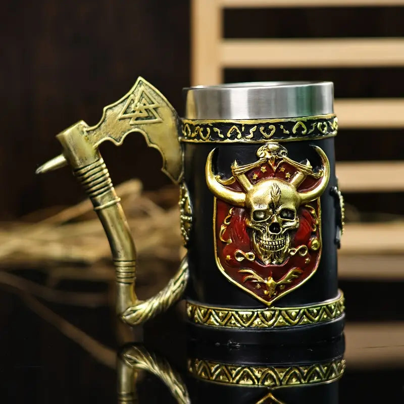 A large capacity 600ml beer glass, European medieval Viking pirate wine glass, Viking Axemark coffee cup, stainless steel water cup, Skull Mark coffee cup, Halloween gift
