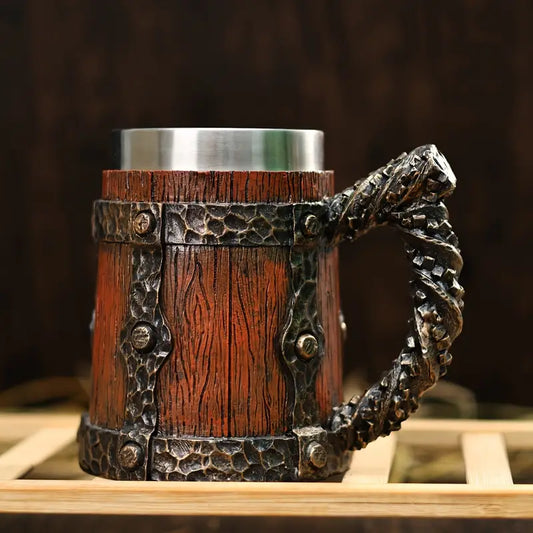Vintage 600ml Large Capacity Barrel Stainless Steel Coffee Mug, Handcrafted Wood-Like Finish with Striped Pattern, Insulated, Reusable Metal Beer Stein for Home Use, Ideal for Christmas, Halloween, Easter, Thanksgiving, Father's Day Gifts