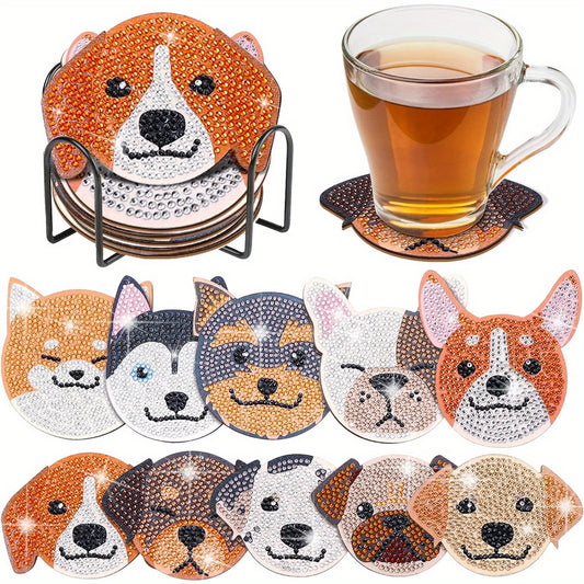 10 Pieces Dog Shaped Diamond Painting Coaster Set DIY Pet Dog with Stand, Art Craft Supplies Gift for Beginners and Adults