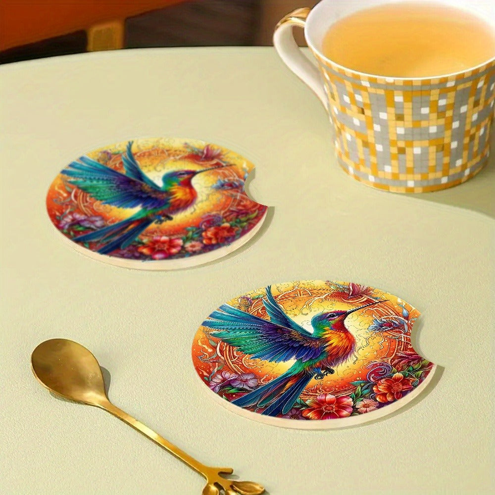 2PCS Flowers and Hummingbird Acrylic Car Coasters, Cup Holder with Finger Groove Mouth, 2.75 Inch Car Interior Coasters, Suitable for Car Interior Accessories, Gifts for Friends