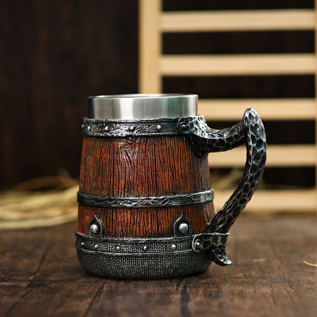 Handmade Barrel Design Beer Mug 20.29oz - Stainless Steel Insulated Coffee Mug - Striped Pattern & Snake Handle, Hand Wash Only - Reusable, Ideal for Family, Adult - Great for Christmas, Halloween, Easter, Thanksgiving, Father's Day Gifts
