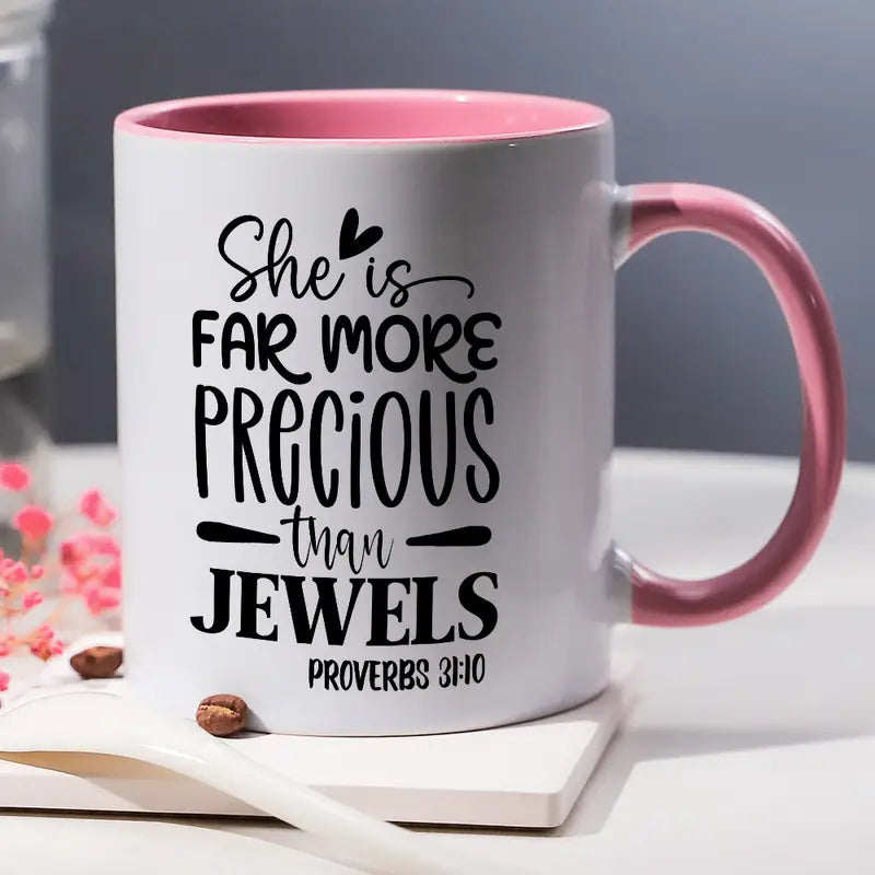 1pc 11oz Inspirational Bible Verse Ceramic Mug - She is Far More Precious Than Jewels Proverbs White & Pink Contrast Design