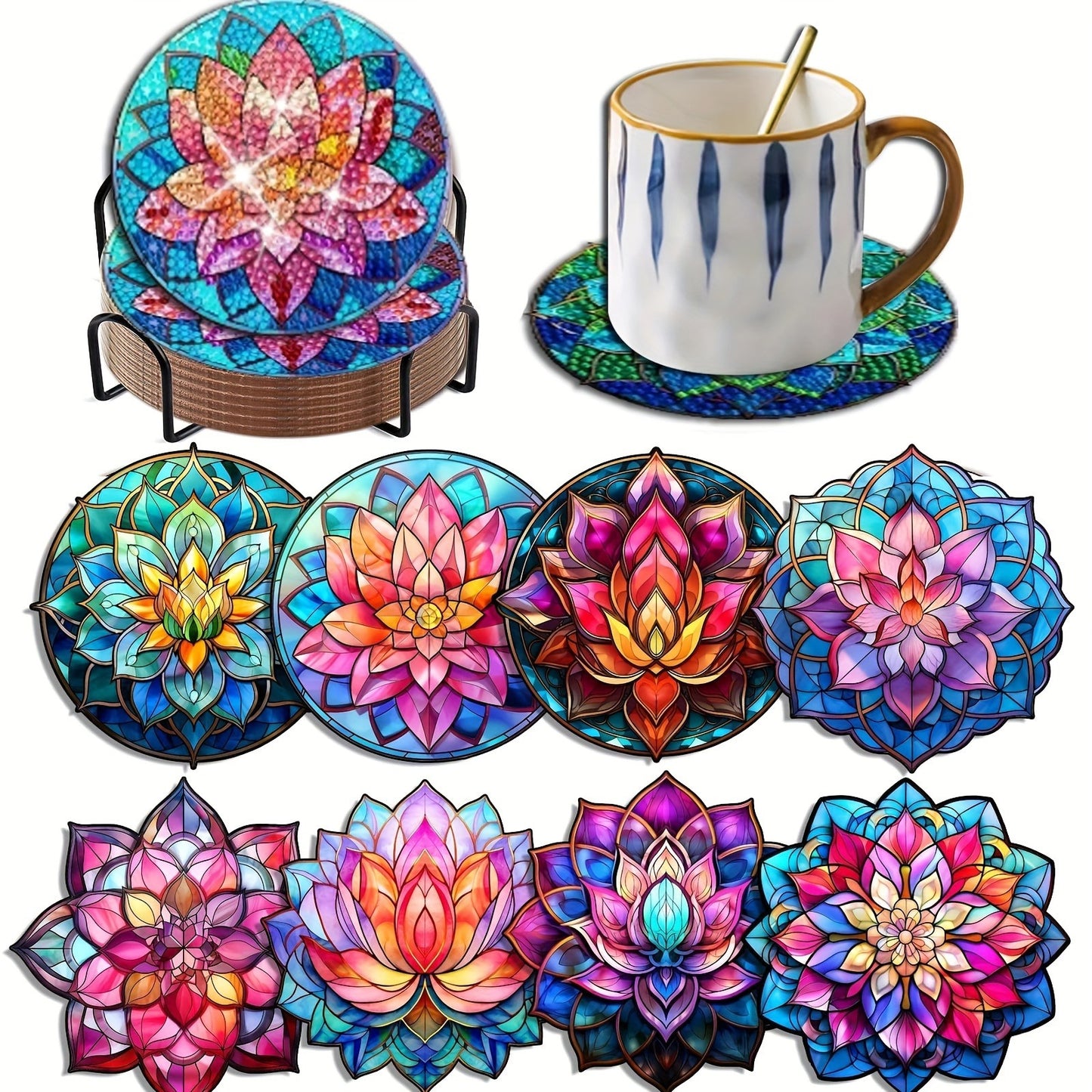 8pcs Lotus Diamond Art Coasters with Holder, Diamond Painting Coasters Kits, Crafts Kits for DIY Coasters, Diamond Art Kit For Beginners, Adults Small Diamond Painting Kit Art Craft Supplies