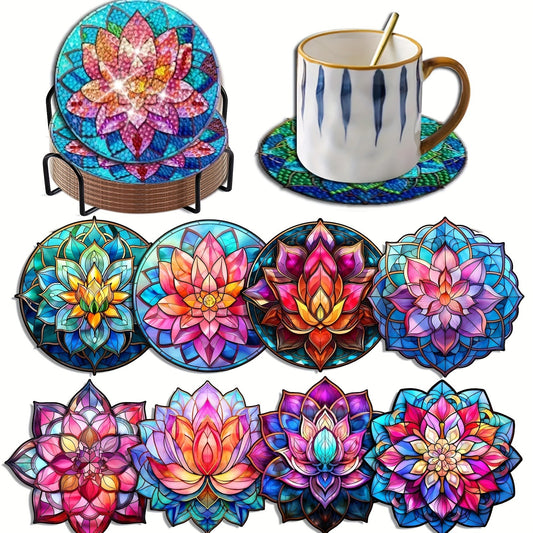 8pcs Lotus Diamond Art Coasters with Holder, Diamond Painting Coasters Kits, Crafts Kits for DIY Coasters, Diamond Art Kit For Beginners, Adults Small Diamond Painting Kit Art Craft Supplies