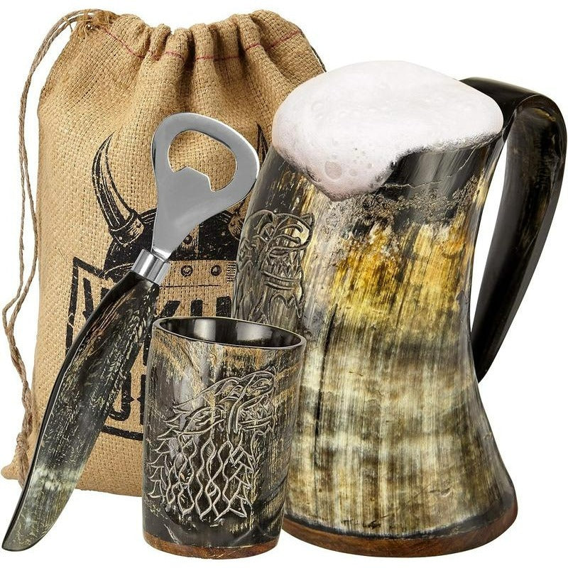 Vintage Viking Beer Mug Set – 3pcs Set with 16 oz. Wolf/ Fenrir Engraved Mug, 3 oz. Shot Glass, and Bottle Opener Drinkware Cup