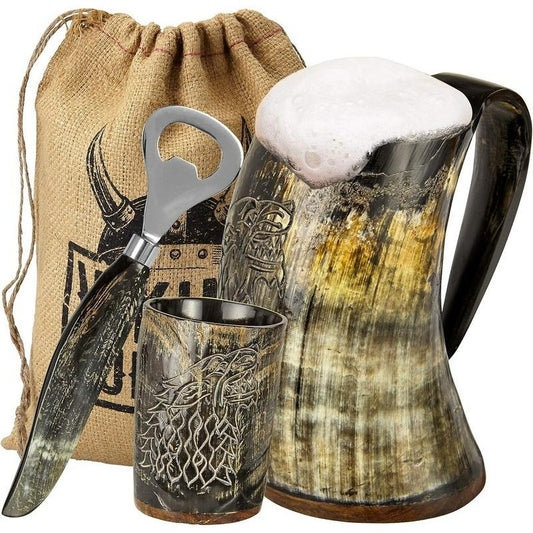 Vintage Viking Beer Mug Set – 3pcs Set with 16 oz. Wolf/ Fenrir Engraved Mug, 3 oz. Shot Glass, and Bottle Opener Drinkware Cup