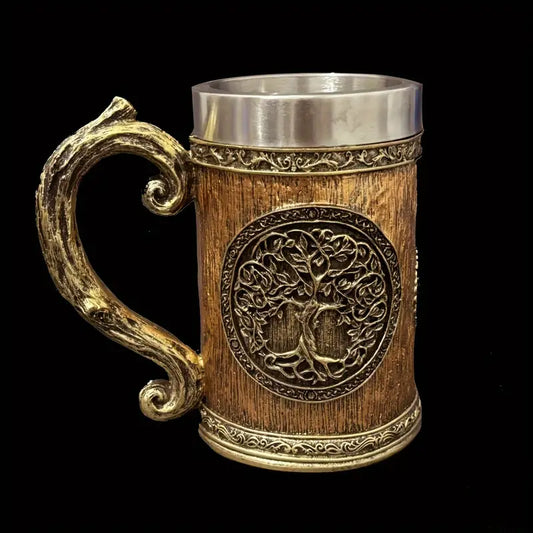 TREE BEER STEIN: 600ml Stainless Steel Mug with Tree of Life Design – Handcrafted Vintage Tankard for Ale & Beverages – Recyclable, Non-Slip, Multipurpose – Ideal for Christmas & Halloween Gifts