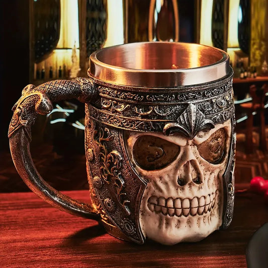 1pc Coffee Mug, Stainless Steel Viking Warrior Skull Beer Mugs Resin Stein Tankard Drink Cup, Gift For Men Birthday, Skull Lover, Halloween & Bar Decor