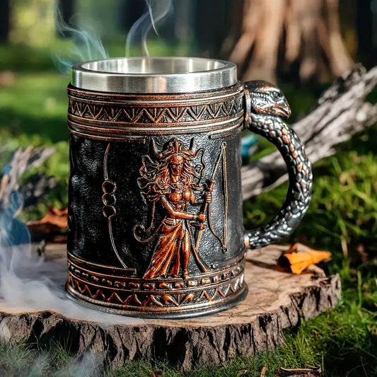 Medusa Greek Mythology Stainless Steel Beer Mug with Resin Accents - Insulated Non-Slip Oval Cup for Coffee, Beer & Wine - Reusable Gift for Halloween, Christmas, Father’s Day, Mother’s Day, Festive Drinkware
