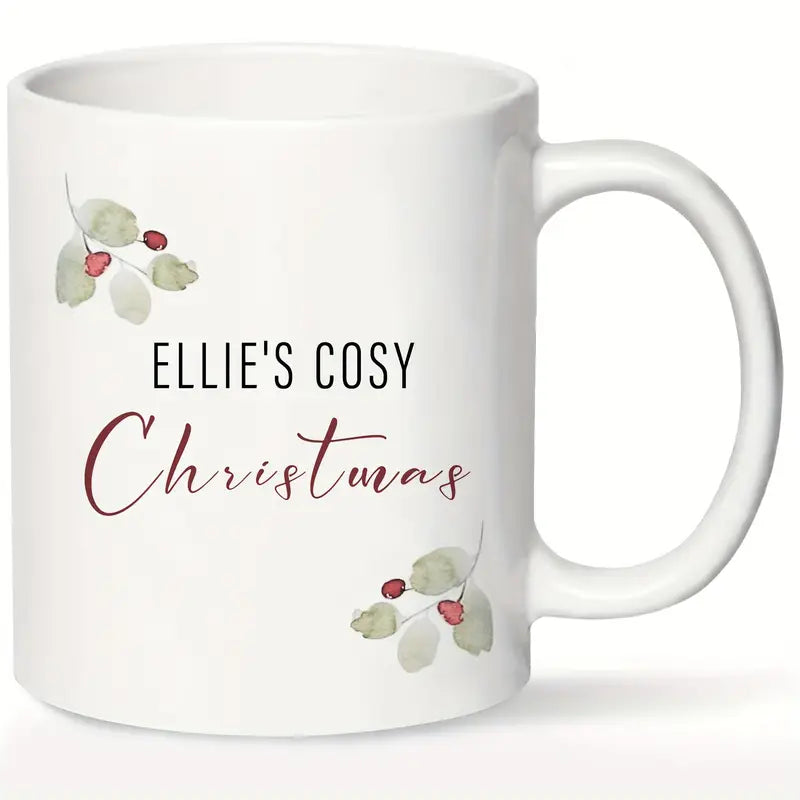 1pc Ellie's Cozy Christmas Ceramic Mug 11oz - Customized Festive Holly & Berry Design, BPA-Free Insulated Coffee Cup
