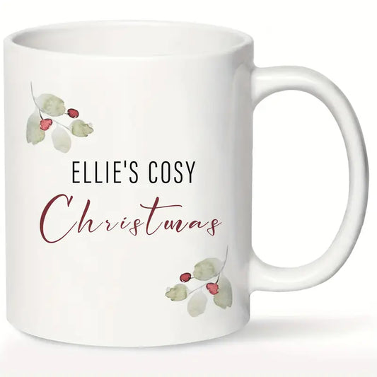 1pc Ellie's Cozy Christmas Ceramic Mug 11oz - Customized Festive Holly & Berry Design, BPA-Free Insulated Coffee Cup