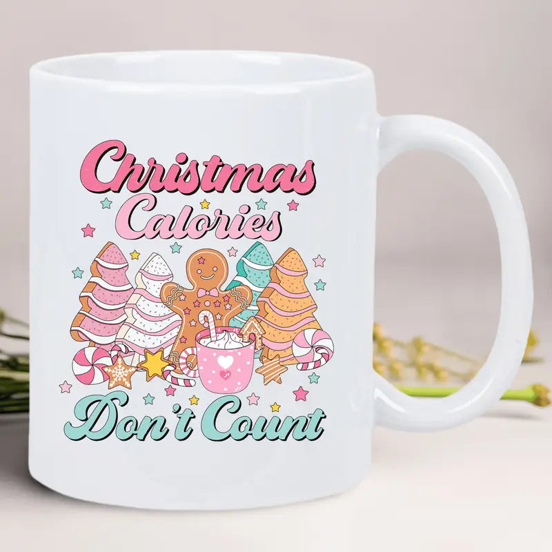 1pc Festive Christmas Mug - "Calories Don't Count" Design with Gingerbread Men & Candy Canes - Reusable, Insulated, Hand-Wash Only